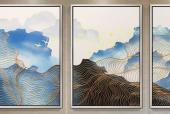 新中式现代简约抽象纯手绘油画客厅三拼组合画玄关沙发背景装饰画