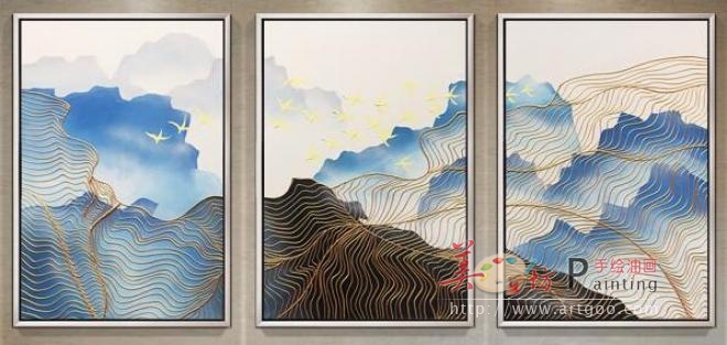 新中式现代简约抽象纯手绘油画客厅三拼组合画玄关沙发背景装饰画