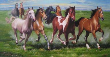 纯手工手绘油画欧式中式酒店别墅客厅装饰画马八骏图有框画 《八骏图》油画 - 八马奔腾的力量与好运
