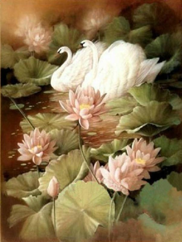 美坊天鹅之恋荷花湖风景油画欧式手绘客厅玄关餐厅卧室过道竖版 纯手绘油画 鹅湖风景 天鹅之恋 可定制
