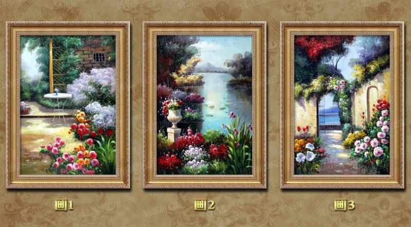 田园地中海风景油画纯手绘三联客厅别墅装饰画欧式美式有框挂画 美坊纯手工 手绘油画 客厅推荐