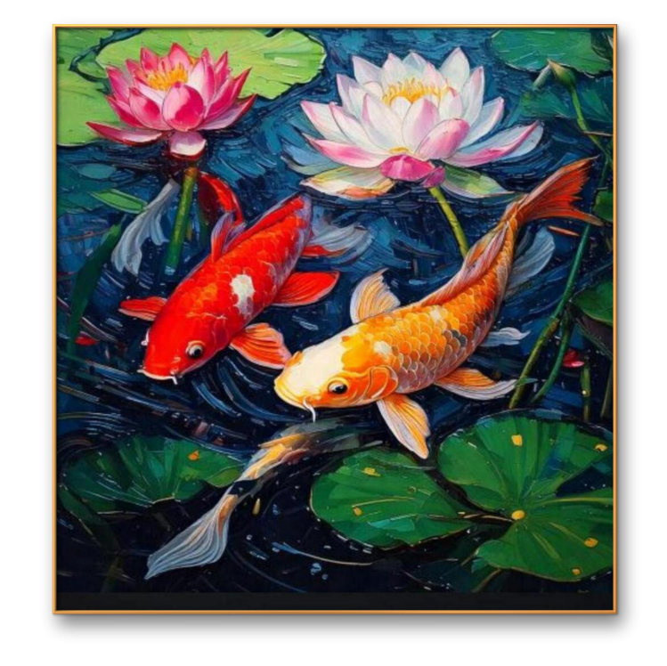 《莲叶锦鲤》手绘油画