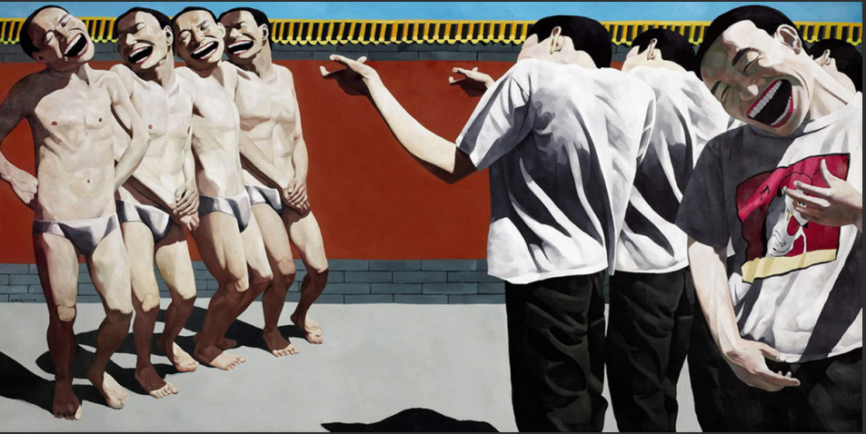 岳敏君油画《处决》，群体笑脸对历史暴力的讽刺表现