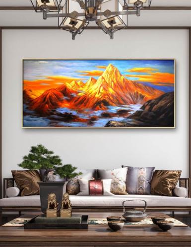 《日照金山》 ARTmix原创手绘油画客厅装饰画办公室靠山油画别墅挂画AM2367