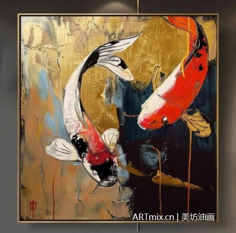《锦鲤呈祥》纯手绘锦鲤油画招财风水装饰画 客厅玄关挂画 年年有余成双成三家用壁画 AM2399