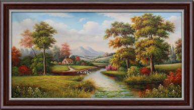 山水乡村风景油画手绘欧式古典有框画横版客厅装饰画手工定制