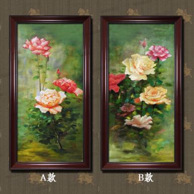 纯手绘牡丹花油画玄关客厅卧室二联竖版中式花卉装饰挂画定制富贵牡丹 国色天香 花中王 浓情华贵