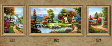 美坊手绘三联风景田园油画欧式美式客厅沙发背景墙有框壁画装饰画 美坊画师手绘 美式风景油画 品质生活