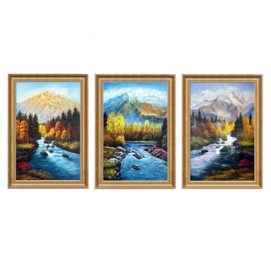 美坊欧式手绘油画山水风景客厅玄关装饰画三联幅画金银山金山壁画 美坊画师手绘 风水挂画 招财进宝