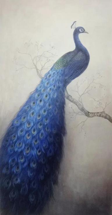 纯手绘孔雀油画简约现代中式客厅玄关过道竖版有框装饰画挂画定制 美坊手绘 “吉祥孔雀” 乔迁新居礼品