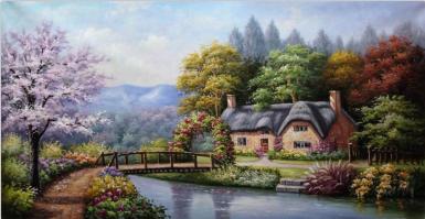 欧式手绘油画美式客厅餐厅卧室装饰画壁画托马斯风景花园景小桥流水 全手工油画 乡村花园风景馆藏品质