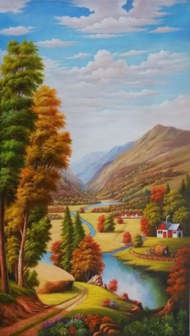 欧式山水风景油画古典丰收纯手绘客厅走廊玄关过道竖版装饰画挂画 画师全手绘 丰收吉祥 品位之选