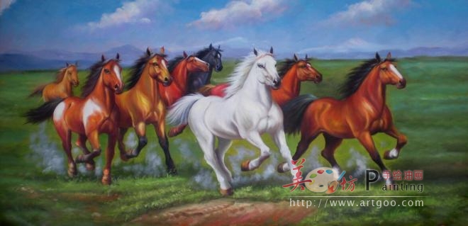欧美式有框画动物手绘油画八骏马 别墅客厅酒店办公室有框画 手工油画 马到成功 龙马精神 八骏图