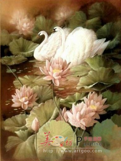 美坊天鹅之恋荷花湖风景油画欧式手绘客厅玄关餐厅卧室过道竖版 纯手绘油画 鹅湖风景 天鹅之恋 可定制