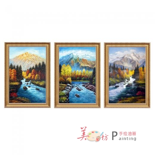 美坊欧式手绘油画山水风景客厅玄关装饰画三联幅画金银山金山壁画 美坊画师手绘 风水挂画 招财进宝