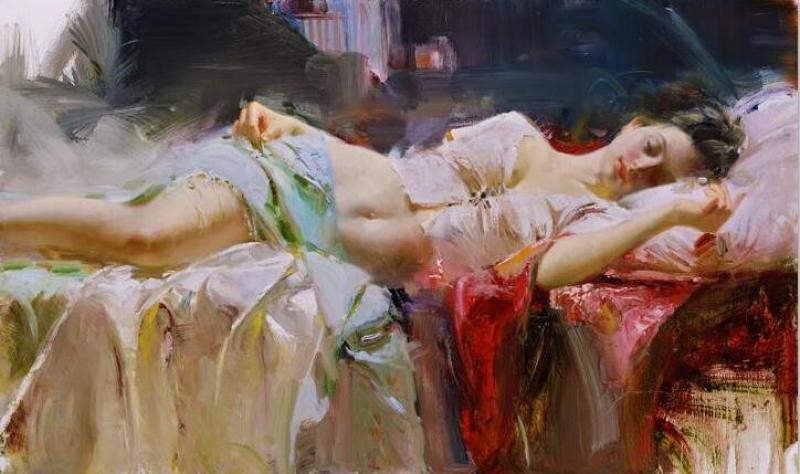 美坊欧式人物油画手绘半裸人体印象画挂画酒店卧室装饰画睡美人