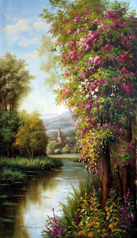 美坊纯手绘风景山水油画欧式走廊玄关客厅装饰画竖版壁画挂画定制 专业画师手绘 油画 家居软装推荐