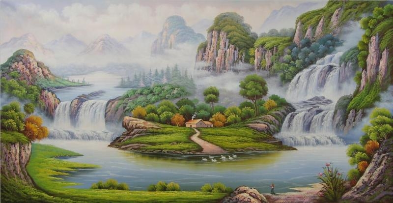 美坊手绘油画聚宝盆风景山水别墅过道餐厅客厅酒店中式家居装饰画 聚宝盆风水大师推荐 左右逢源 事事顺