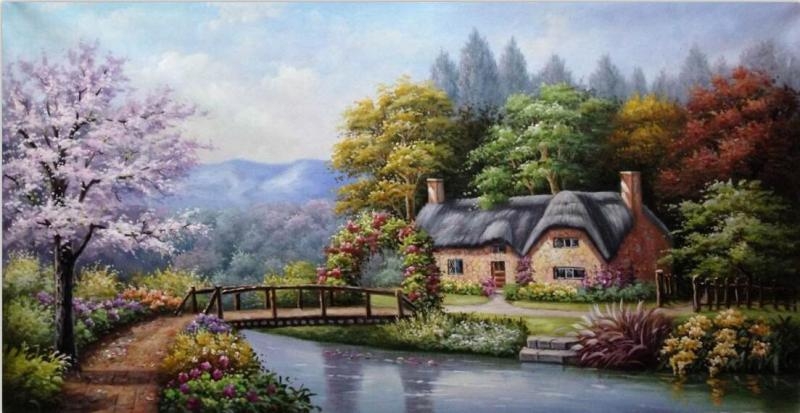 欧式手绘油画美式客厅餐厅卧室装饰画壁画托马斯风景花园景小桥流水 全手工油画 乡村花园风景馆藏品质