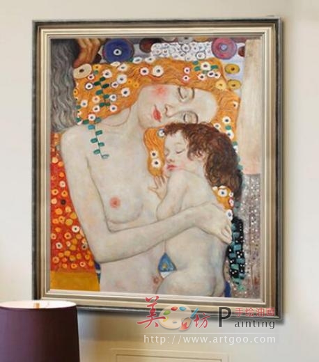 母与子 克林姆特世界名画临摹 美坊画师全手绘欧式油画人物卧室玄关竖版装饰画壁画