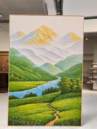 《金山流水 财运共生》ARTmix原创手绘油画玄关客厅风水装饰画办公室招财山水画家居挂画商务礼品定制可改尺寸AM2310
