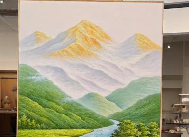 《金山流水 财运共生》ARTmix原创手绘油画玄关客厅风水装饰画办公室招财山水画家居挂画商务礼品定制可改尺寸AM2310