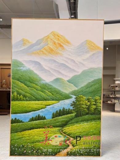 《金山流水 财运共生》ARTmix原创手绘油画玄关客厅风水装饰画办公室招财山水画家居挂画商务礼品定制可改尺寸AM2310