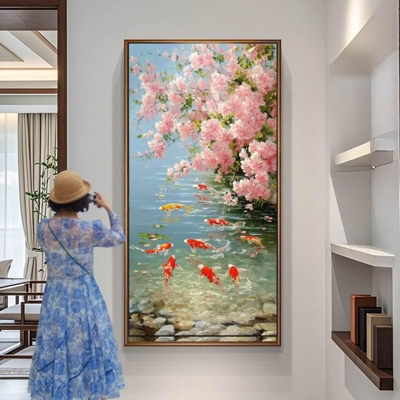 《锦鲤戏水·桃花映波》手绘锦鲤油画 桃花水景装饰画 客厅卧室餐厅墙面挂画 年年有余风水画
