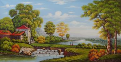 美坊欧式纯手绘幸福家园风景油画客厅装饰画横版单幅大幅壁画挂画垂钓 欧式油画 美坊画师手绘 招财风水挂画